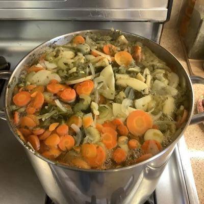 A big pot of vegetable stock.