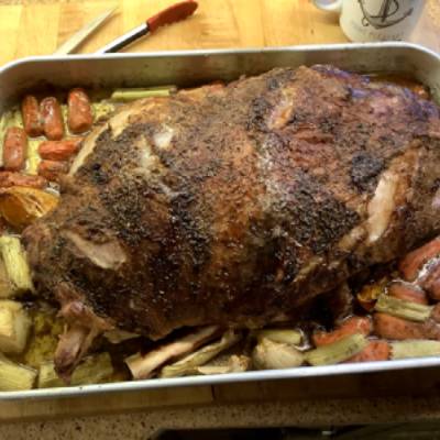 Roasted leg of lamb.