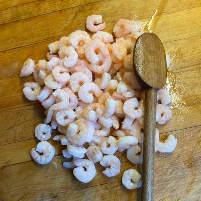 Shrimp being prepared for Shrimp & Scallop Pot Pie.